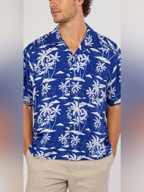 Go Barefoot Hawaiian Shirt Blue Palm Tree Print Made in USA Men’s L Cotton